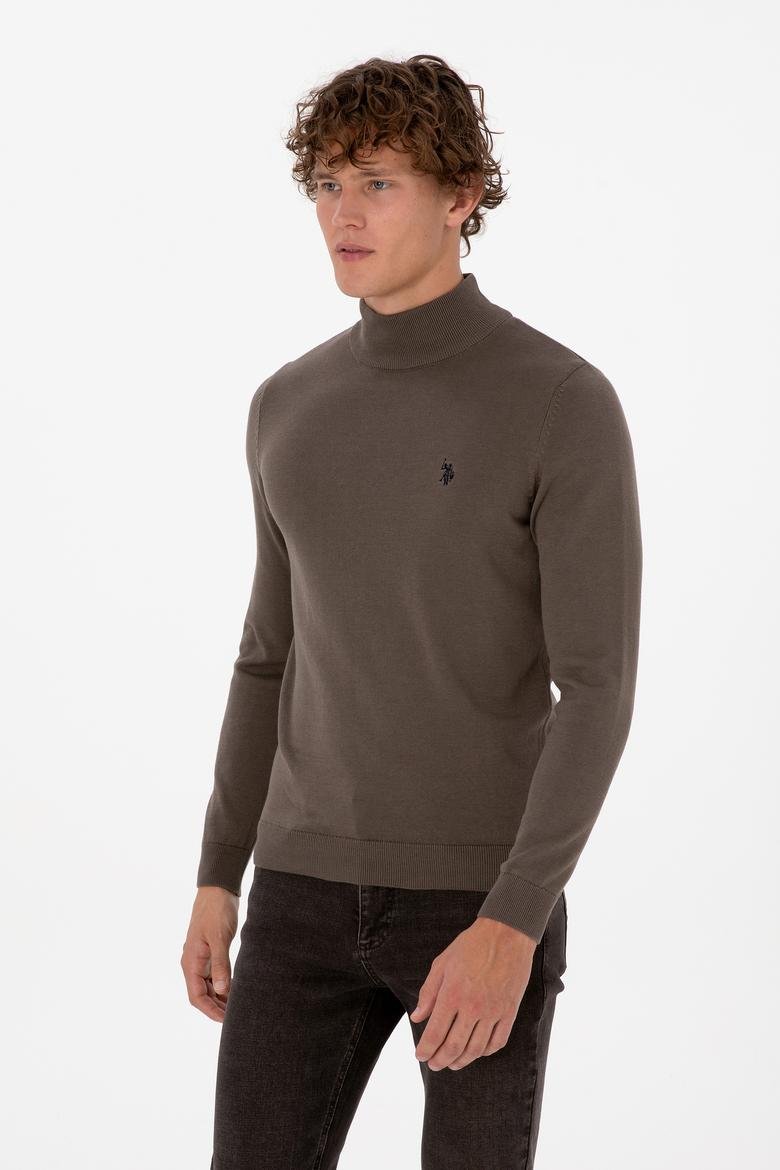 Erkek Slim Fit Boğazlı Vizon Basic Kazak 
